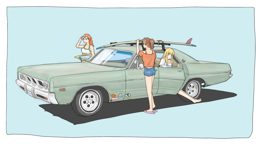 3girls absurdres barefoot barefoot_sandals blonde_hair blunt_bangs bra_strap brown_hair car denim denim_shorts dodge_(company) dodge_polara eyewear_on_head glasses green_eyes ground_vehicle hair_behind_ear highres looking_to_the_side motor_vehicle multiple_girls off_shoulder omochi_(ricecake9322) orange_hair orange_shirt original parted_lips ponytail sandals shadow shirt short_shorts shorts sidelocks surfboard vehicle_focus white_shirt