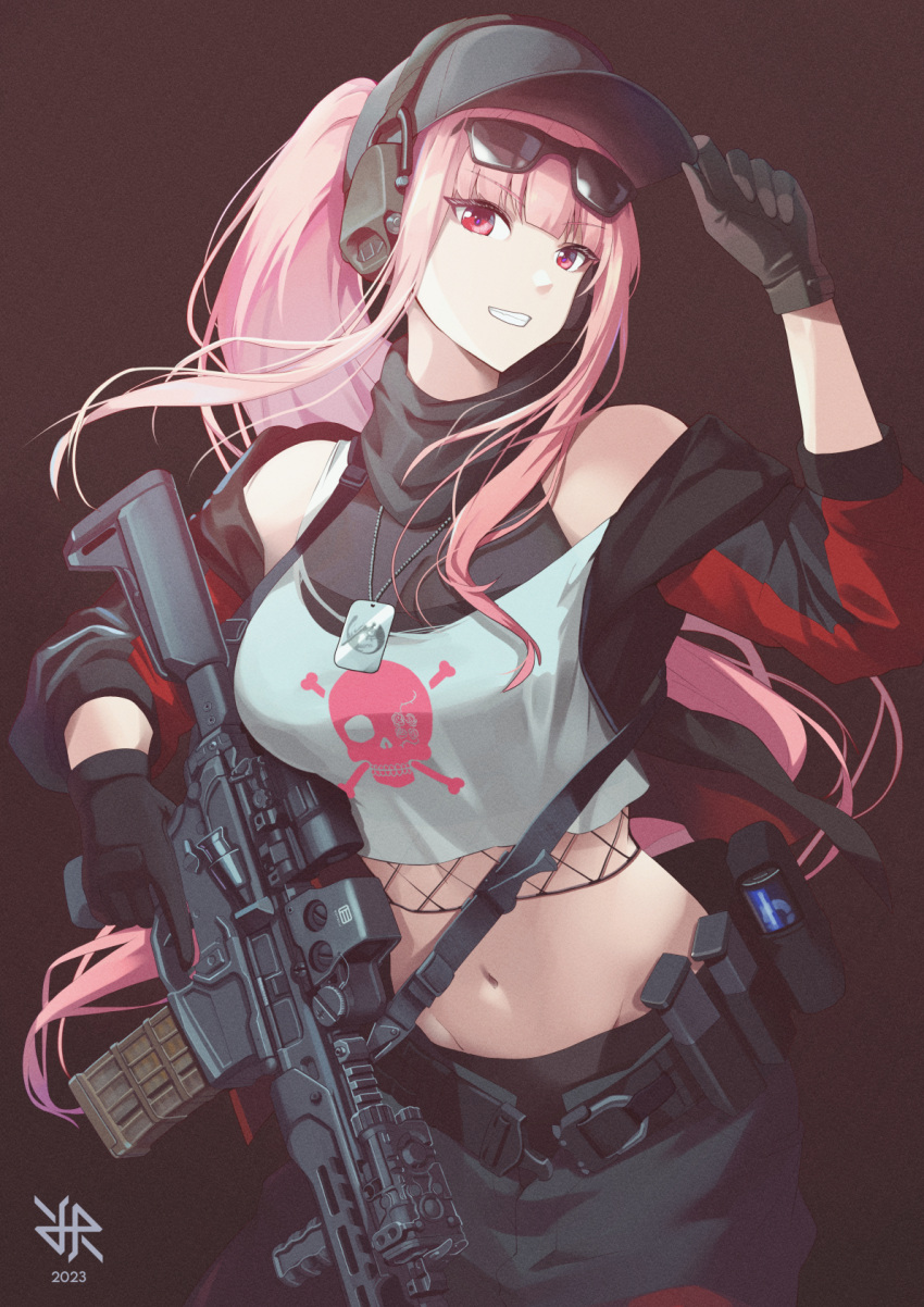 1girl 2023 ar-15 artist_logo baseball_cap belt_pouch black_headwear black_jacket black_pants breasts crop_top cropped_shirt dog_tags eotech eyewear_on_head fishnet_top fishnets foregrip grin gun halter_shirt halterneck hat headphones highres hiroki_ree hololive hololive_english jacket large_breasts long_sleeves looking_at_viewer magazine_(weapon) midriff mori_calliope mori_calliope_(2nd_costume) multicolored_clothes multicolored_jacket navel official_alternate_costume open_clothes open_jacket pants pink_hair pouch red_jacket rifle simple_background skull_and_crossbones skull_print smile solo sunglasses sweatpants track_jacket track_suit trigger_discipline two-tone_jacket virtual_youtuber weapon