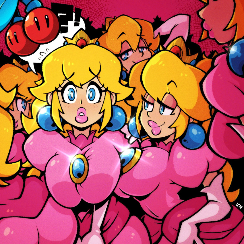 ! 1girl ? ass blonde_hair blue_eyes breasts cherry crown double_cherry dress earrings elbow_gloves food fruit gloves highres jewelry large_breasts legendofnerd lips mario_(series) multiple_views pink_dress pink_gloves pink_lips princess_peach super_mario_3d_world