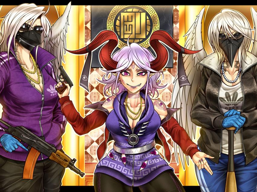 3girls adapted_costume adidas ak-47 assault_rifle bird_mask black_jacket black_pants black_ribbon blue_gloves blue_pants breasts chain chain_necklace cleavage collarbone commentary_request cowboy_shot eagle_spirit_(touhou) earrings eye_tattoo feathered_wings gloves goggles gold_chain gopnik grin gun hair_between_eyes handgun highres holding holding_gun holding_weapon horn_ornament horn_ribbon horns jacket jewelry kalashnikov_rifle large_breasts latex latex_gloves letterboxed light_purple_hair long_bangs long_hair long_sleeves looking_at_viewer mask meandros medium_hair multiple_girls neck_tattoo necklace open_clothes open_jacket pants patterned_clothing pearl_necklace pink_eyes pointy_ears purple_jacket purple_shirt red_horns red_jacket ribbon rifle ryuuichi_(f_dragon) sharp_teeth sheep_horns shirt shoulder_tattoo sleeveless sleeveless_shirt smile sunglasses tattoo teeth toned tooth_necklace touhou toutetsu_yuuma unzipped weapon white_hair white_wings wings zipper
