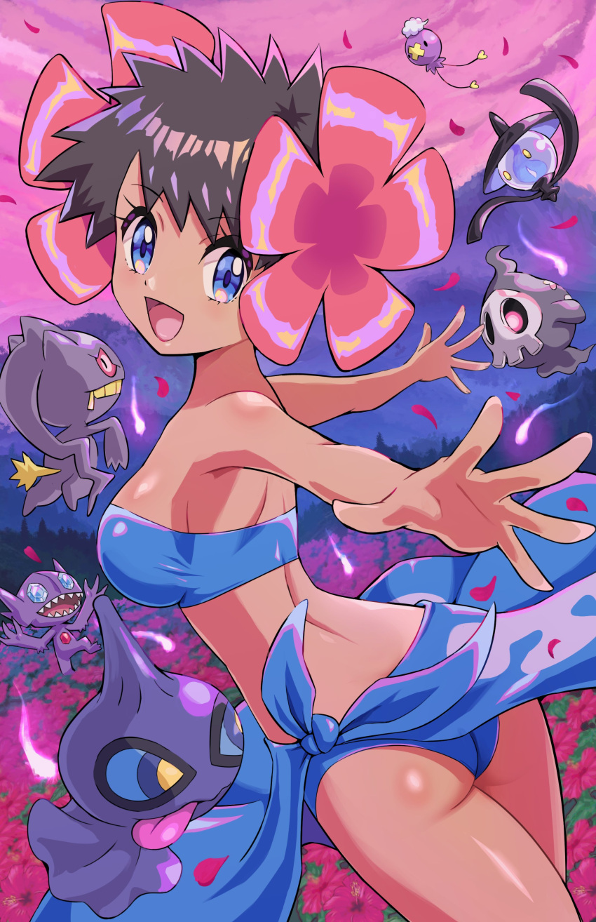 1girl absurdres banette bare_shoulders black_hair blue_eyes blue_sarong blush breasts brown_hair dark-skinned_female dark_skin drifloon duskull flower hair_flower hair_ornament highres lampent looking_at_viewer open_mouth phoebe_(pokemon) pokemoa pokemon pokemon_(game) pokemon_oras pokemon_rgby sableye sarong short_hair smile