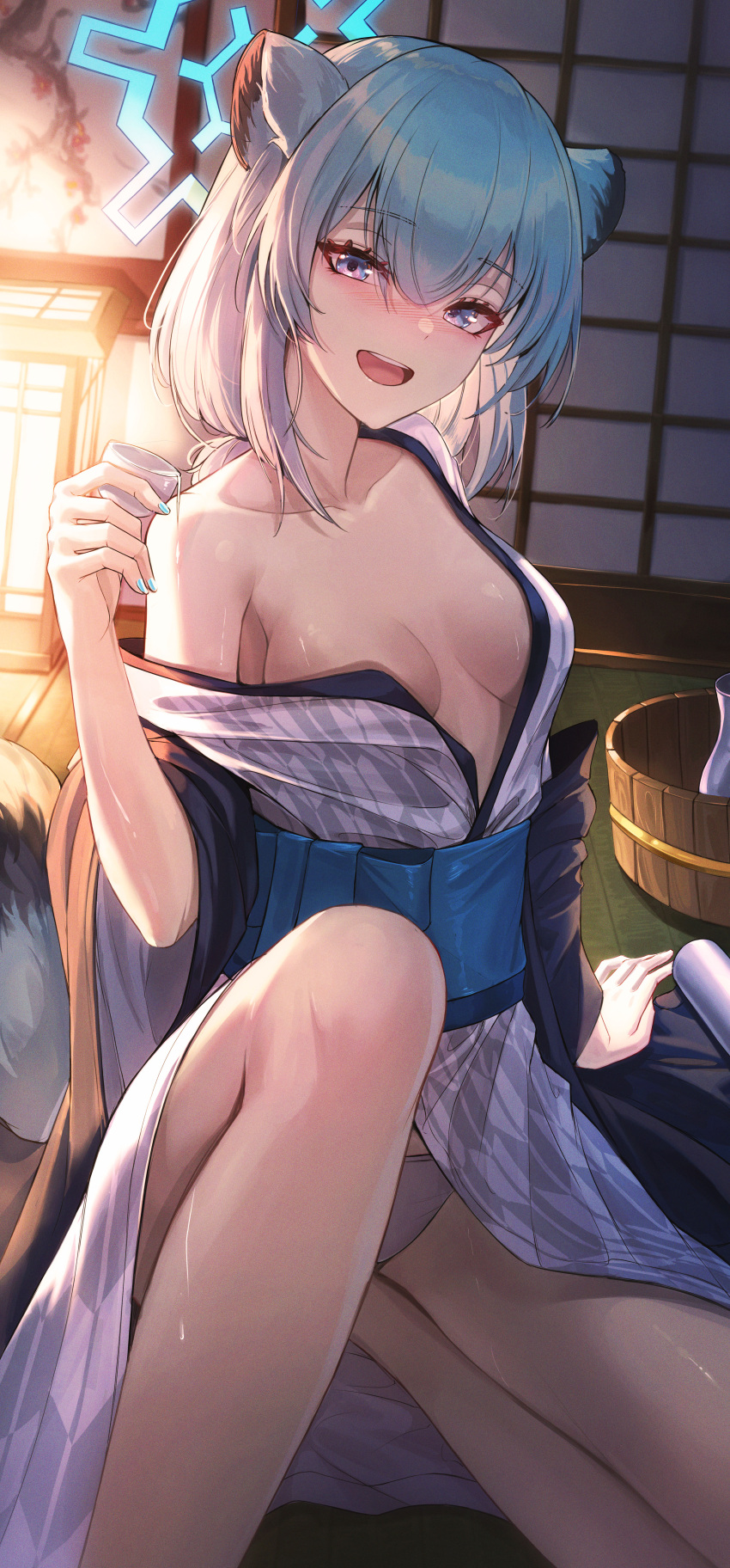 1girl absurdres animal_ears blue_archive blue_halo blue_nails blush breasts choko_(cup) commentary cup fingernails green_hair grey_kimono halo highres holding holding_cup indoors japanese_clothes k0a kimono looking_at_viewer medium_breasts medium_hair nail_polish obi official_alternate_costume open_mouth panties pantyshot purple_eyes sash shigure_(blue_archive) shigure_(hot_spring)_(blue_archive) shouji sliding_doors smile solo tail tokkuri underwear weasel_ears weasel_tail white_panties wide_sleeves