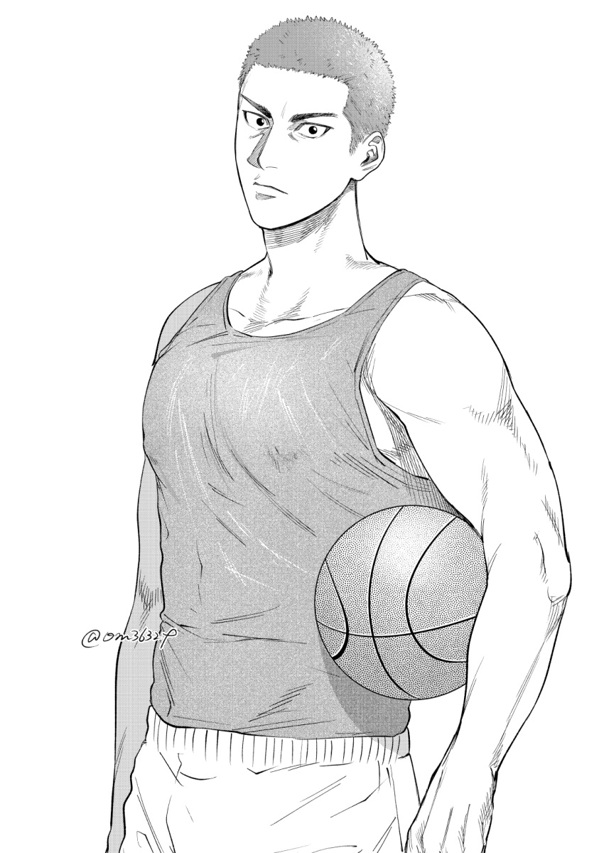 1boy ball basketball_(object) closed_mouth covering_nipples greyscale highres large_pectorals looking_at_viewer male_focus monochrome muscular muscular_male om3632f pectorals sakuragi_hanamichi short_hair shorts slam_dunk_(series) solo sportswear tank_top twitter_username