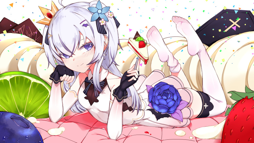 1girl absurdres azuma_seren bare_shoulders black_gloves blanche_fleur blue_eyes blue_flower blush breasts choumi_wuti_(xueye_fanmang_zhong) closed_mouth coffin commentary_request confetti cross crown detached_sleeves fingerless_gloves flower food fork fruit full_body gloves grey_hair hair_flower hair_ornament hair_over_one_eye hands_up highres holding holding_fork latin_cross legs_up long_hair long_sleeves mini_crown mini_person minigirl multicolored_hair no_shoes pleated_skirt shirt simple_background single_sock single_thighhigh skirt sleeveless sleeveless_shirt small_breasts smile socks soles solo strawberry streaked_hair thighhighs tilted_headwear two_side_up very_long_hair virtual_youtuber white_background white_shirt white_skirt white_sleeves white_socks white_thighhighs