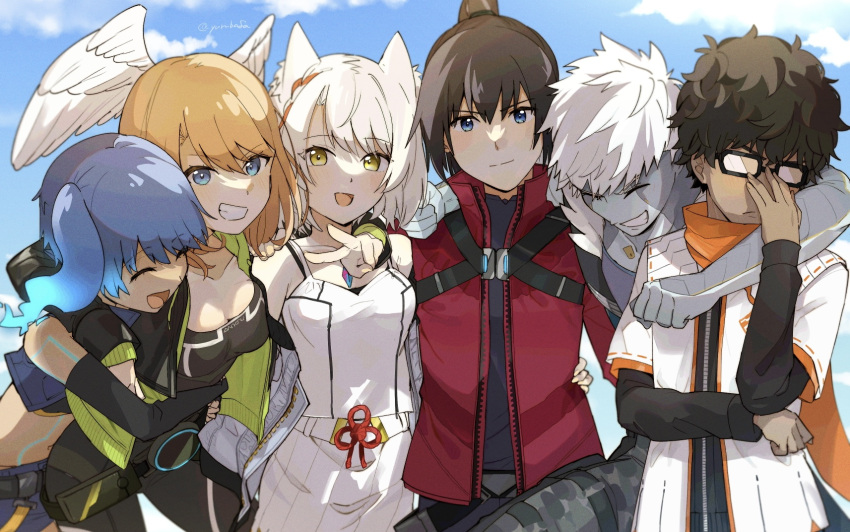 3boys 3girls adjusting_eyewear animal_ears arm_around_shoulder bafarin black_hair blue_hair brown_hair camisole cat_ears colored_skin elbow_gloves eunie_(xenoblade) fiery_hair glasses gloves grey_hair grey_skin grin head_wings highres jacket lanz_(xenoblade) mio_(xenoblade) multiple_boys multiple_girls noah_(xenoblade) red_jacket scarf sena_(xenoblade) smile taion_(xenoblade) v white_camisole white_hair wings xenoblade_chronicles_(series) xenoblade_chronicles_3