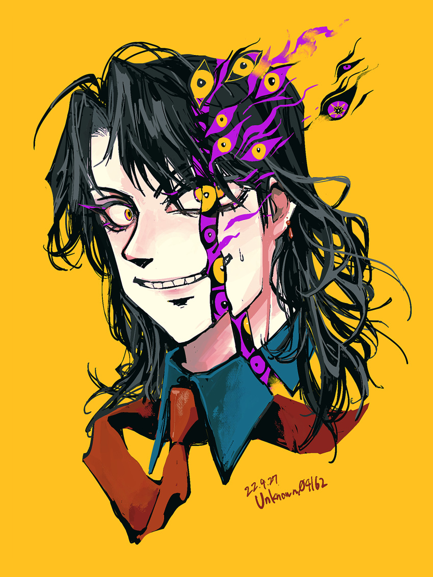 1boy artist_name black_hair blue_collar collar commentary_request dated extra_eyes fire grin highres ichijou_seiya kaiji long_hair looking_at_viewer male_focus medium_bangs necktie orange_necktie portrait purple_eyes purple_fire simple_background smile solo split_head unknown03162 yellow_background yellow_eyes