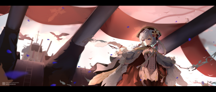 1girl absurdres azur_lane battleship bird black_thighhighs blurry cape commentary_request cross_hair_ornament depth_of_field facing_away flandre_(azur_lane) garter_straps grey_eyes grey_leotard groin hair_between_eyes hair_ornament hair_ribbon hat highleg highleg_leotard highres incredibly_absurdres leotard liwendala long_hair military_vehicle outdoors outstretched_arms parted_lips ribbon scenery seagull ship sidelocks sleeveless solo spread_arms strapless strapless_leotard thighhighs turret warship watercraft