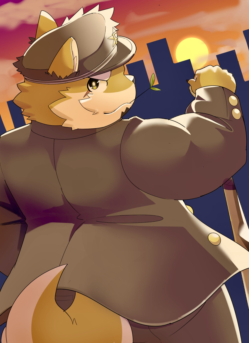 absurd_res amidasuke anthro bancho canid canine canis city clothing domestic_dog facial_hair fur hat headgear headwear hi_res lifewonders live_a_hero male mammal mustache procy rear_view scar short_stack solo sunset yellow_body yellow_fur