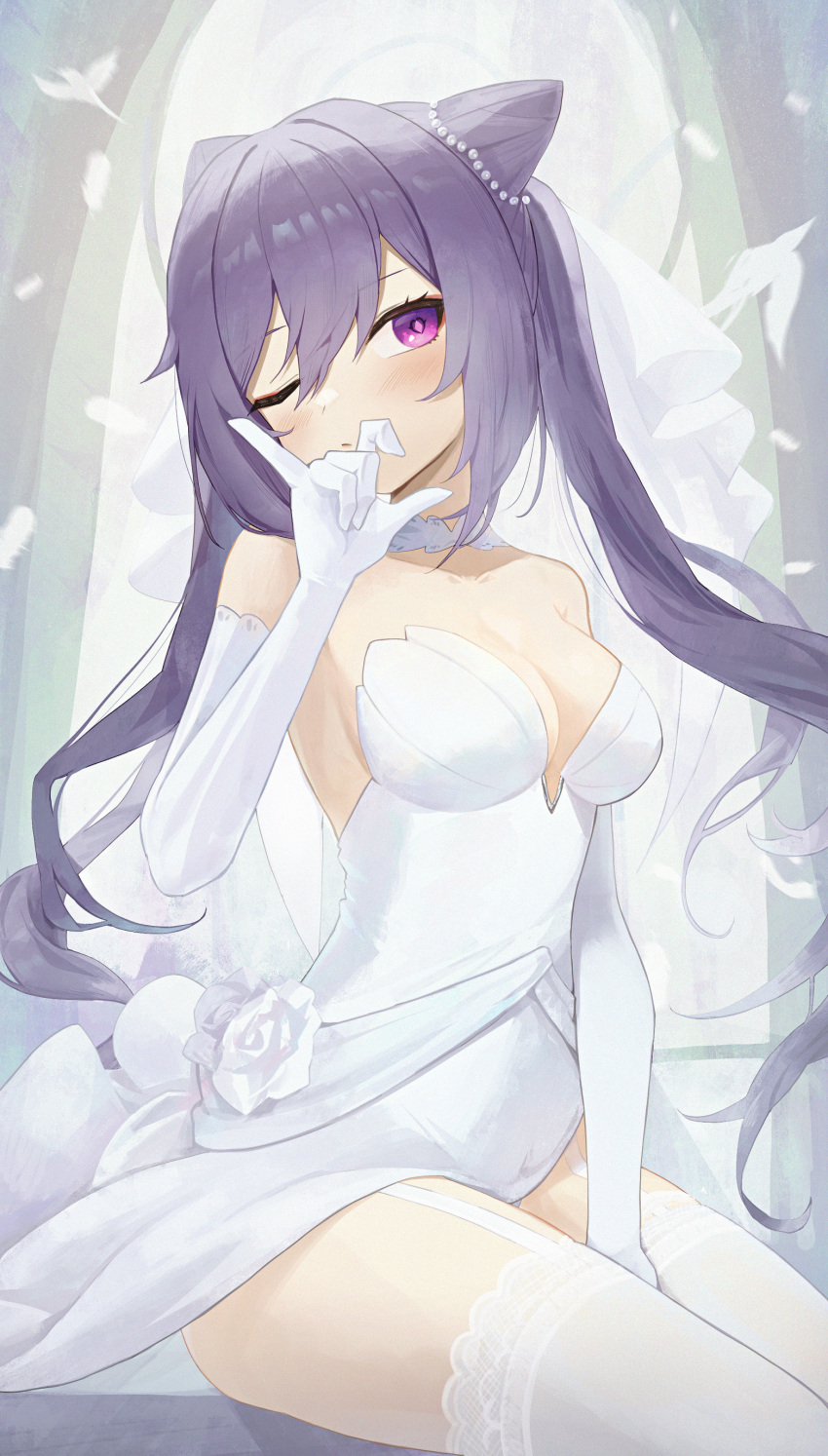 1girl absurdres beads between_legs bird breasts bridal_veil cone_hair_bun dove dress elbow_gloves feet_out_of_frame garter_straps genshin_impact gloves hair_between_eyes hair_bun hand_between_legs hand_up highres keqing_(genshin_impact) long_hair medium_breasts off-shoulder_dress off_shoulder one_eye_closed pellas_(panix2383) purple_eyes purple_hair sitting solo swept_bangs thighhighs thighs veil wedding_dress white_background white_dove white_dress white_gloves white_thighhighs