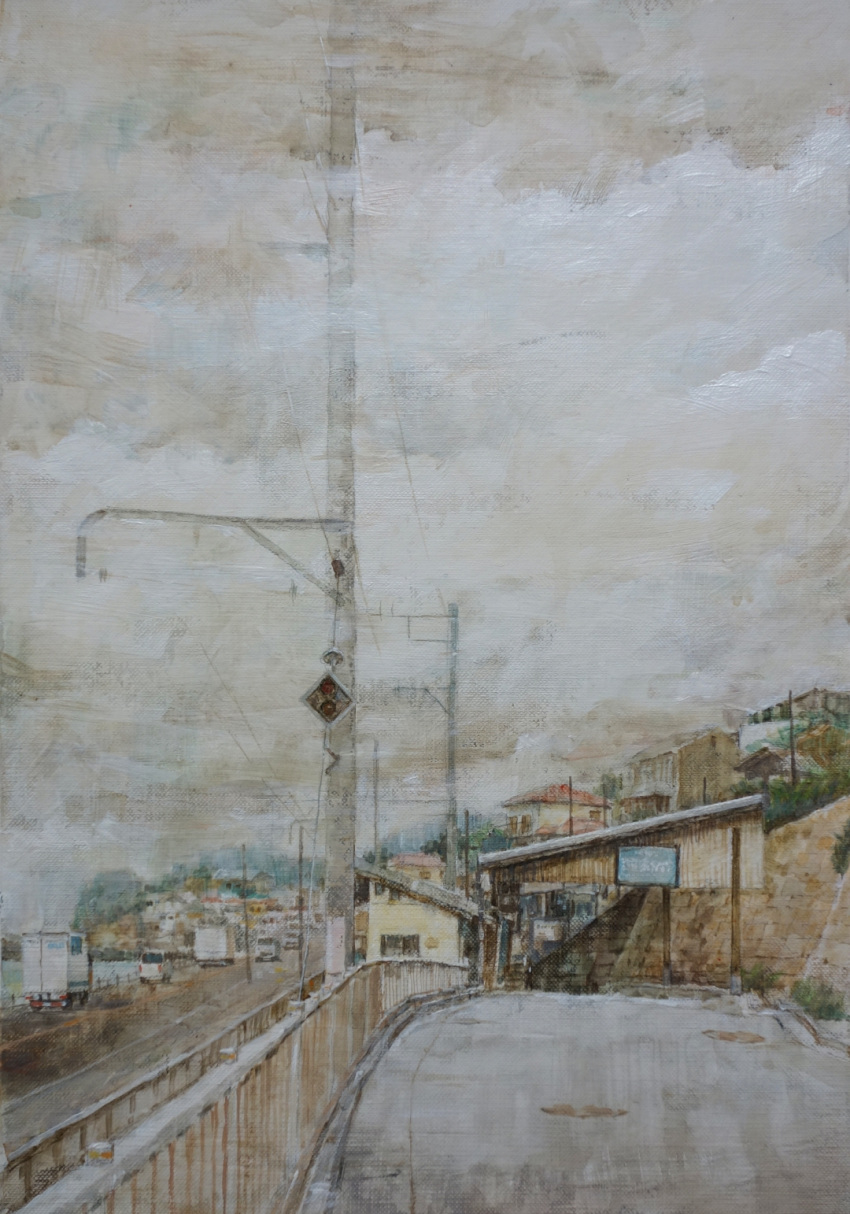 car enoshima_electric_railway grey_sky highres highway motor_vehicle painting_(medium) power_lines railroad_tracks road scenery shiki4winter sign sky town traditional_media truck utility_pole van watercolor_(medium)