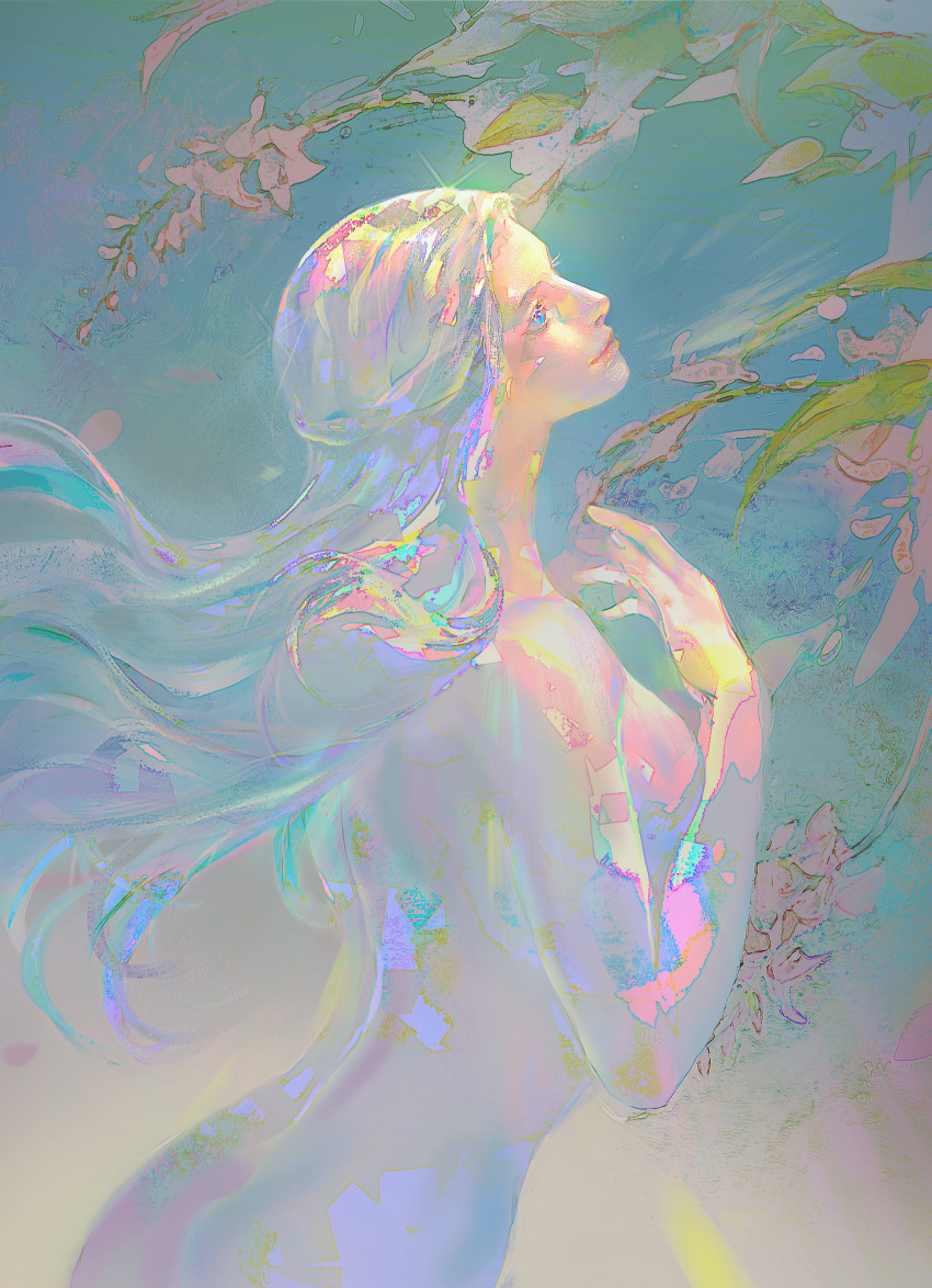 1girl blue_background blue_eyes braid cloudy.zy completely_nude cowboy_shot faux_traditional_media final_fantasy final_fantasy_xiv floating_hair flower from_side glint half_updo hand_up highres iridescent leaf long_hair looking_afar looking_up nude painterly pink_flower realistic single_braid smile solo standing venat_(ff14) wavy_hair white_hair