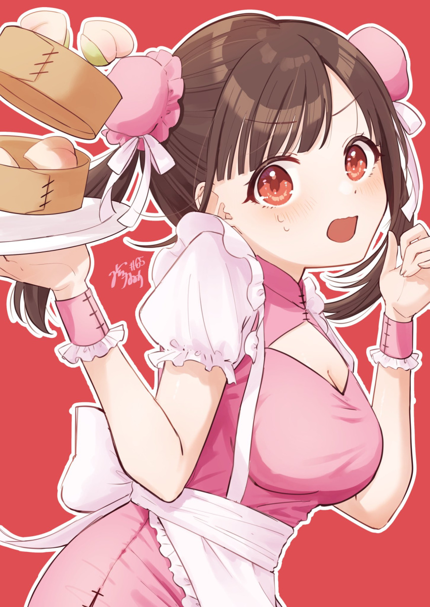 1girl apron border breasts brown_hair bun_cover china_dress chinese_clothes cleavage cleavage_cutout clothing_cutout double_bun dress food frilled_apron frilled_wristband frills fruit hair_bun hands_up highres holding holding_plate idolmaster idolmaster_shiny_colors looking_at_viewer medium_breasts mitora_nao open_mouth parted_bangs peach pink_dress pink_wristband plate puffy_short_sleeves puffy_sleeves red_background red_eyes short_sleeves simple_background solo sonoda_chiyoko surprised sweat twintails upper_body v-shaped_eyebrows wavy_mouth white_apron white_border