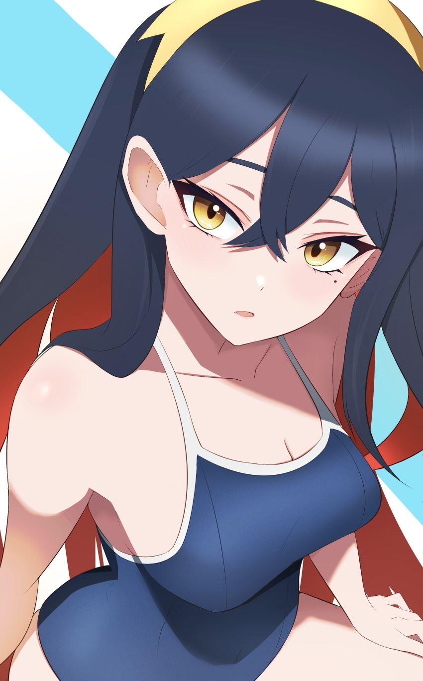 1girl absurdres armpit_crease black_hair blush breasts carmine_(pokemon) cleavage colored_inner_hair commentary_request crossed_bangs hair_between_eyes highres long_hair medium_breasts mole mole_under_eye multicolored_hair one-piece_swimsuit open_mouth orange_hair partial_commentary pokemon pokemon_(game) pokemon_sv ryokuchabushi solo swimsuit two-tone_hair yellow_eyes yellow_headwear