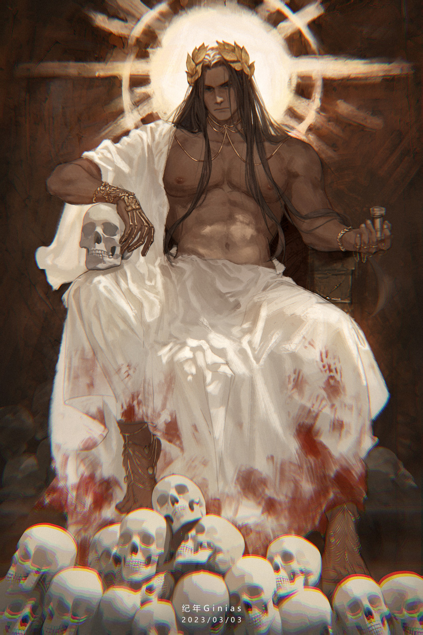 1boy 2023 abs absurdres artist_name barefoot blood blood_on_clothes brown_eyes brown_hair chalice closed_mouth dated emperor_of_mankind full_body ginias halo highres holding holding_goblet jewelry laurel_crown long_hair looking_at_viewer male_focus muscular muscular_male navel necklace nipples sitting skull solo stomach throne toes toga warhammer_40k