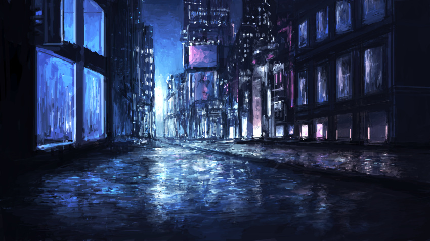 absurdres city cityscape fluorescent_lamp highres landscape mitsuaki_takeuchi night no_humans original outdoors reflective_floor scenery sketch window