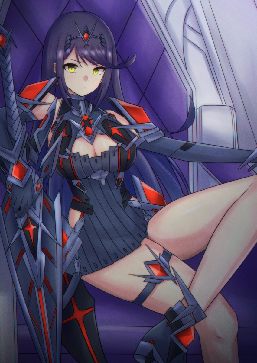 1girl absurdres aegis_sword_(xenoblade) black_hair breasts chest_jewel cleavage cleavage_cutout clothing_cutout corruption dark_persona dress earrings gem gloves headpiece highres jewelry large_breasts latte long_hair looking_at_viewer mythra_(xenoblade) purple_hair sitting solo swept_bangs tiara very_long_hair xenoblade_chronicles_(series) xenoblade_chronicles_2 yellow_eyes