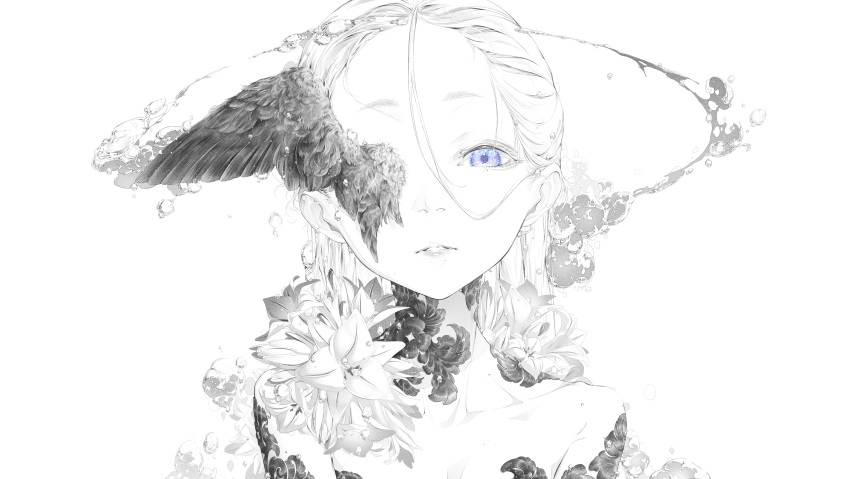 1girl absurdres arm_tattoo blue_eyes bouno_satoshi feathered_wings flower greyscale hair_between_eyes head_wings highres looking_at_viewer monochrome neck_tattoo one_eye_covered original parted_lips portrait single_head_wing solo spot_color tattoo water_drop white_background wings