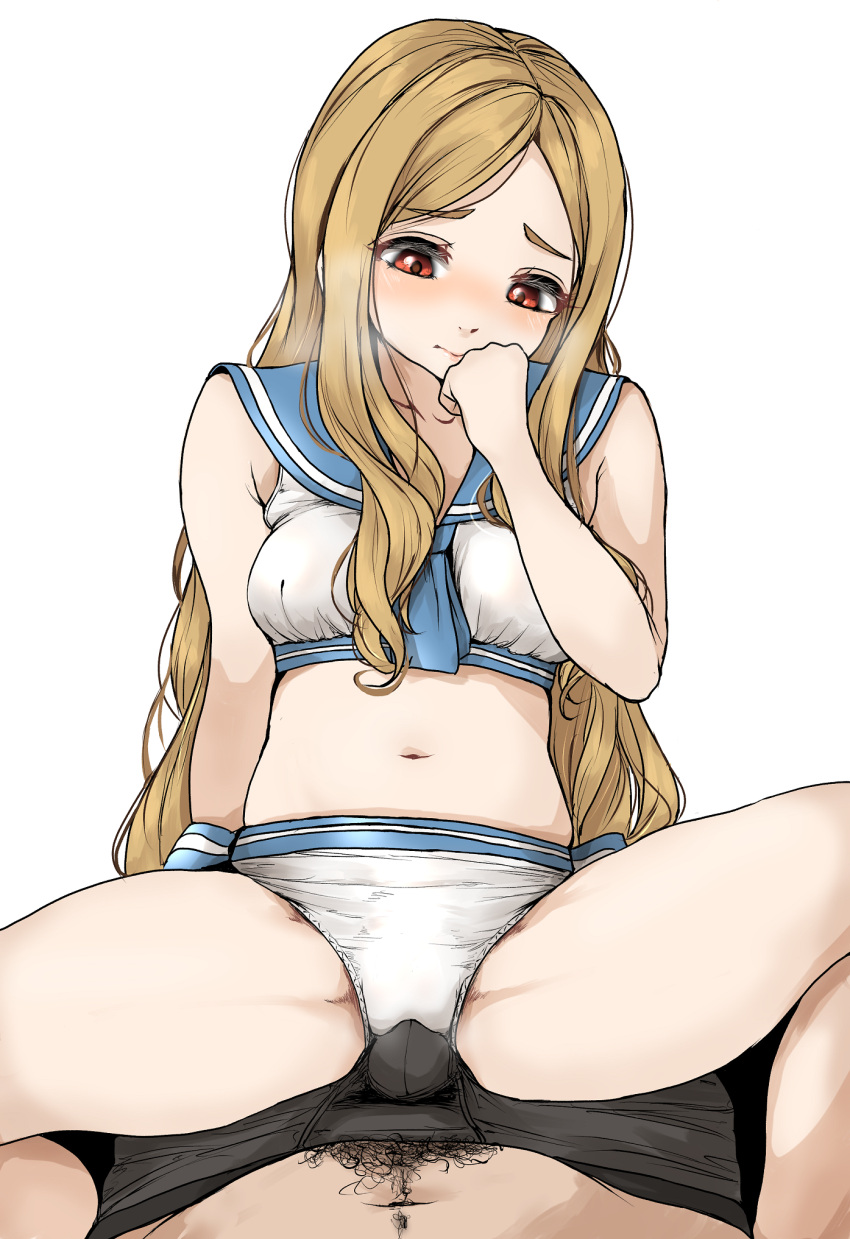 1boy 1girl blonde_hair blush breasts breath bulge closed_mouth commentary_request curly_hair embarrassed erection erection_under_clothes gatsby_ssl girl_on_top hair_between_breasts hand_on_own_face hetero highres idolmaster idolmaster_cinderella_girls idolmaster_cinderella_girls_starlight_stage long_hair looking_at_bulge male_swimwear medium_breasts mochizuki_hijiri navel nose_blush pov pubic_hair red_eyes sailor_bikini sailor_collar sailor_swimsuit_(idolmaster) simple_background sitting sitting_on_person spread_legs steam swim_trunks white_background