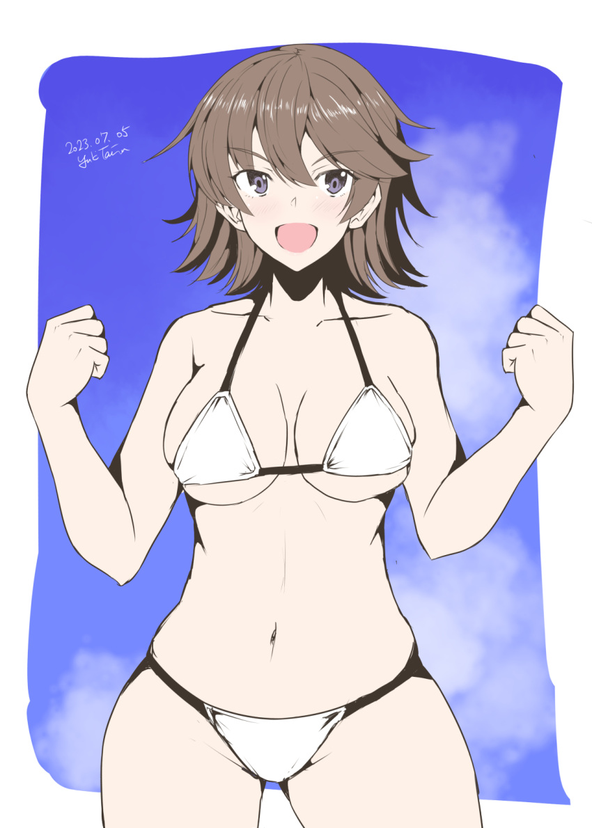1girl artist_name bikini blue_eyes blue_sky breasts brown_hair cleavage collarbone cowboy_shot dated flipped_hair hair_between_eyes hands_up hiei_(kancolle) highres kantai_collection looking_to_the_side medium_hair no_headwear open_mouth sky smile solo swimsuit taira_yuuki thick_thighs thighs white_bikini
