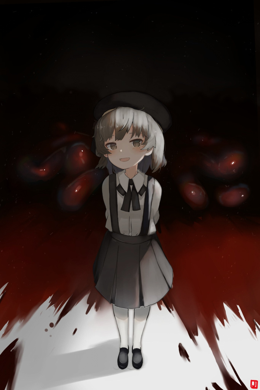 1girl arms_behind_back artist_logo beret black_headwear black_ribbon black_skirt blood blood_splatter blush brown_eyes collared_shirt commentary_request full_body hat hatoba_tsugu highres light_brown_hair loafers long_sleeves looking_at_viewer mole mole_under_eye neck_ribbon open_mouth organs pantyhose pleated_skirt pool_of_blood ribbon shadow shirt shirt_tucked_in shoes sidelighting skirt smile solo standing suspender_skirt suspenders tsugu_(vtuber) virtual_youtuber white_pantyhose zonzu