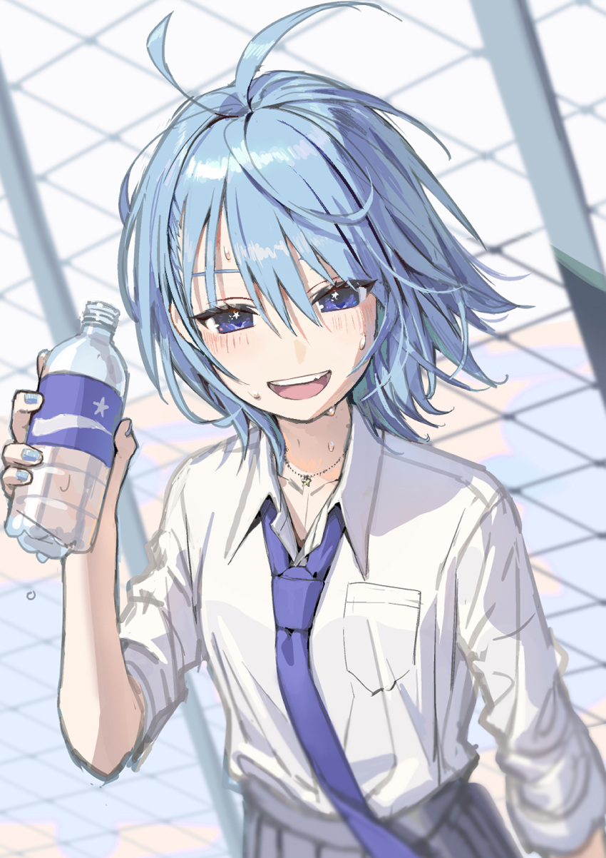 1girl :d blue_eyes blue_hair blue_nails blue_necktie collared_shirt floating_hair hair_between_eyes highres hololive hoshimachi_suisei kitada_mo looking_at_viewer nail_polish necktie official_alternate_hairstyle open_mouth pocari_sweat school_uniform shirt short_hair skirt smile solo sweat upper_body virtual_youtuber white_shirt