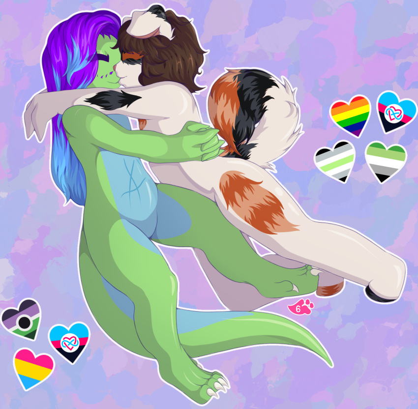 absurd_res ambiguous/ambiguous ambiguous_gender anthro black_body black_fur blue_body blue_hair brown_hair canid canine canis chibi claws cuddling curled_tail digital_media_(artwork) domestic_dog duo embrace folded_ears fur green_body hair hi_res hug kissing lgbt_pride long_hair long_tail love mammal orange_body orange_fur pride_colors purple_hair reptile romantic romantic_couple scalie scar shaded short_hair snake softpaws_6 tail toe_claws white_body white_fur