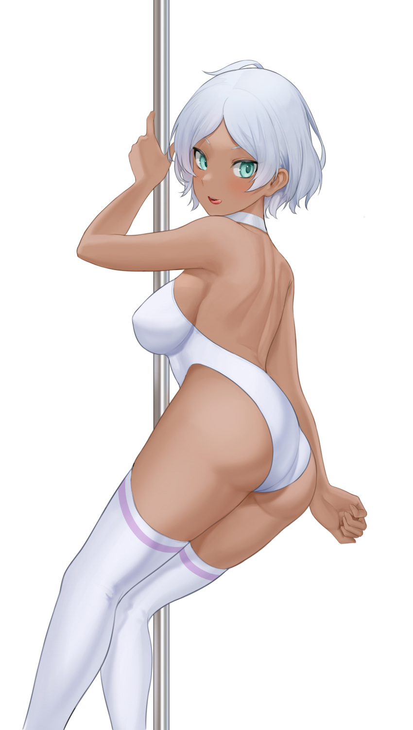 absurdres ailae ass backless_leotard blush breasts dark-skinned_female dark_skin feet_out_of_frame grey_hair gundam gundam_suisei_no_majo highres holding holding_pole large_breasts leotard looking_at_viewer looking_back median_furrow pole secelia_dote short_hair simple_background thighhighs tongue tongue_out white_background white_leotard white_thighhighs