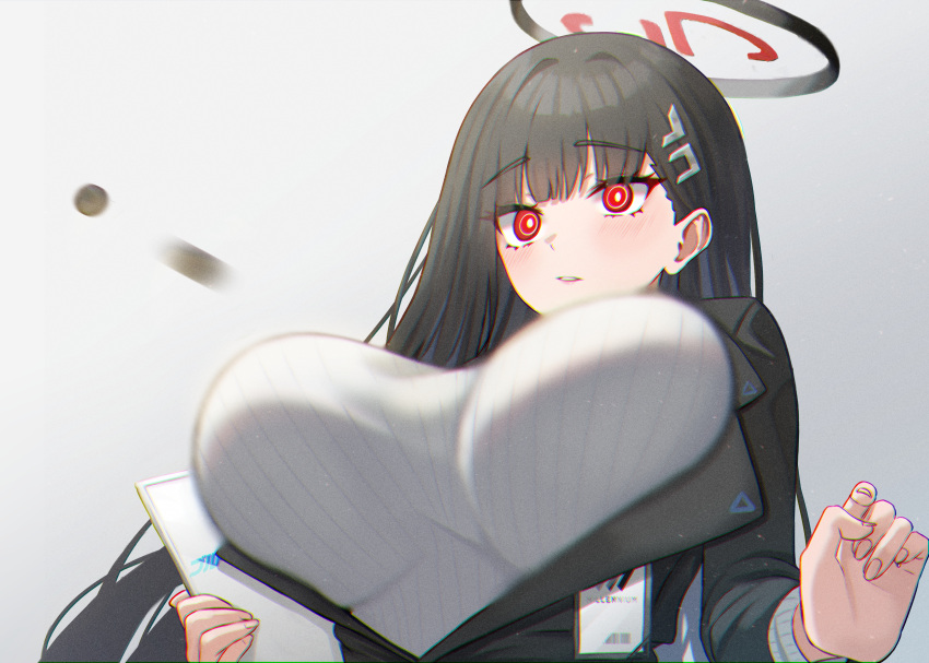 1girl absurdres black_hair black_jacket blazer blue_archive blush breasts halo highres holding holding_tablet_pc huge_breasts id_card jacket kano_(wi3028) long_hair popped_button red_eyes ribbed_sweater rio_(blue_archive) solo straight_hair sweater tablet_pc upper_body very_long_hair wardrobe_malfunction white_sweater wide-eyed