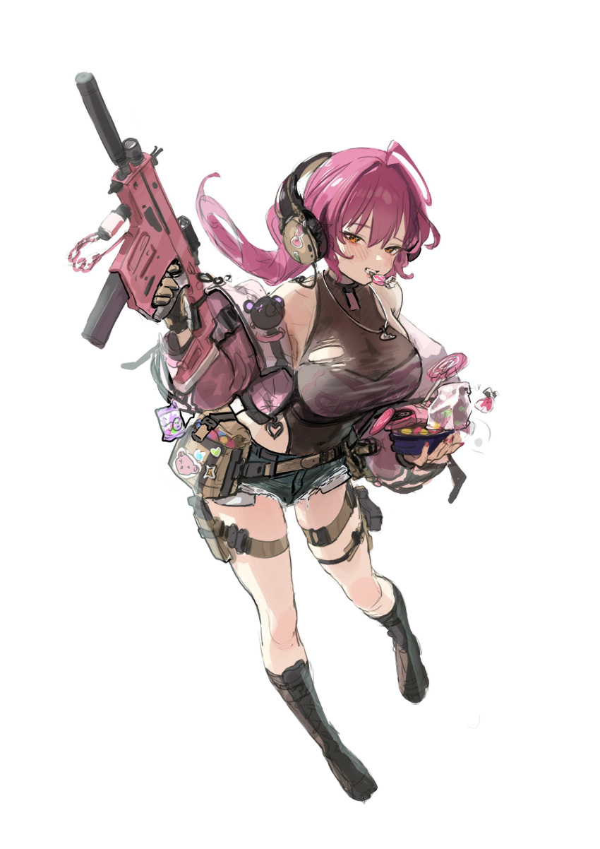 1girl absurdres black_footwear blush boots breasts candy chochomi denim denim_shorts food full_body gloves gun headphones highres holding holding_gun holding_weapon jacket jewelry large_breasts lollipop looking_at_viewer mouth_hold nail_polish necklace open_clothes open_jacket orange_eyes original pink_hair pink_jacket pink_nails shorts simple_background sketch sleeveless solo thigh_strap weapon white_background