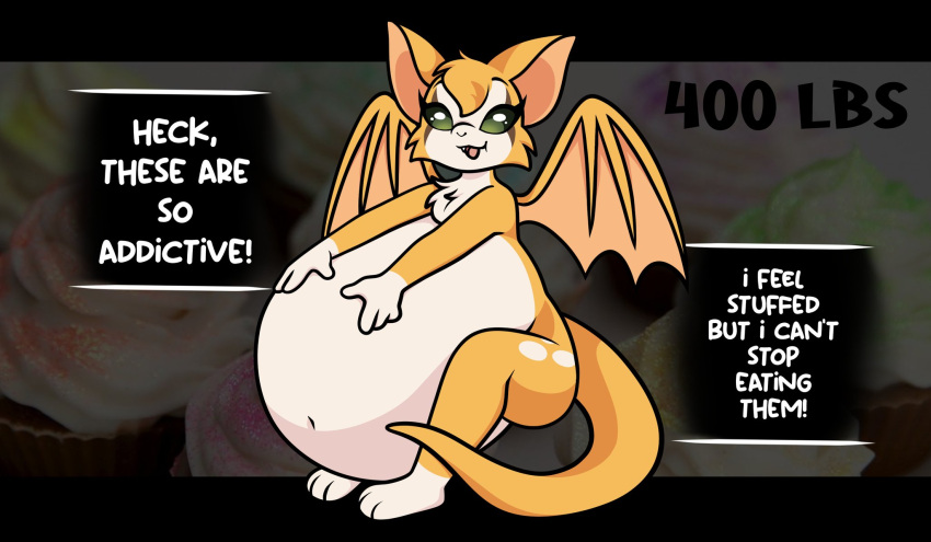 anthro bat belly big_belly dialogue dust:_an_elysian_tail english_text female fidget_(elysian_tail) fur green_eyes growth_drive hi_res hyper hyper_belly mammal navel nimbat open_mouth orange_body orange_fur overweight pompuffy_(artist) smile solo tail text weight_gain white_body white_fur wings