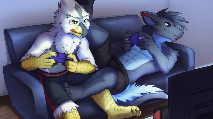 anthro avian beak black_bottomwear black_clothing blep blue_body blue_eyes blue_fur blue_horn bottomwear closed_smile clothed clothing controller dragon duo fur furniture furred_dragon gaming glistening glistening_eyes gloves_(marking) grey_beak grey_body grey_fur grey_hair hair hi_res holding_controller holding_object horn inside kuttoyaki leg_markings lying male markings monitor mouth_closed on_back on_sofa playing_videogame red_bottomwear red_clothing red_tongue sitting socks_(marking) sofa tongue tongue_out topless white_body yellow_beak yellow_body