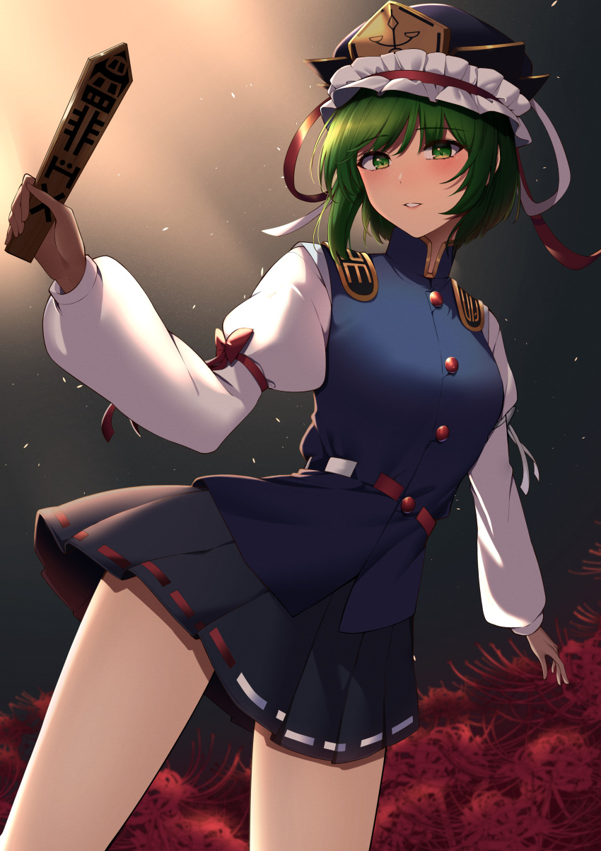 1girl absurdres black_skirt blue_vest blush commentary epaulettes frilled_hat frills green_eyes green_hair hat highres holding juliet_sleeves keenii_(kenny86) long_sleeves looking_at_viewer parted_lips puffy_sleeves ribbon-trimmed_skirt ribbon_trim rod_of_remorse shiki_eiki skirt solo touhou vest