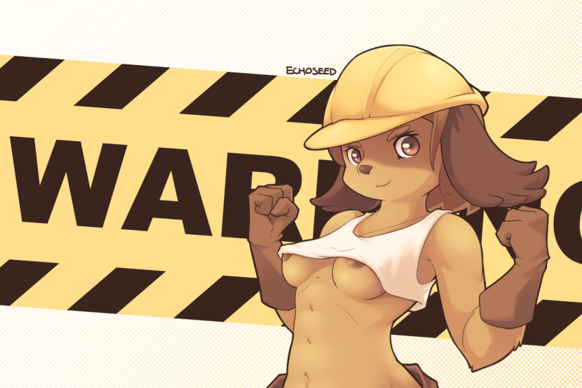 1girl :3 animal_ears animal_nose areola_slip artist_name bare_shoulders breasts brown_eyes brown_gloves brown_hair clenched_hands closed_mouth collarbone commentary construction_worker crop_top dog_ears dog_girl echoseed english_commentary english_text furry furry_female gloves hands_up happy hardhat hazard_stripes helmet looking_at_viewer navel no_bra original shirt short_hair sidelocks signature sleeveless sleeveless_shirt small_breasts smile snout solo standing stomach text_background underboob upper_body white_shirt yellow_background yellow_headwear