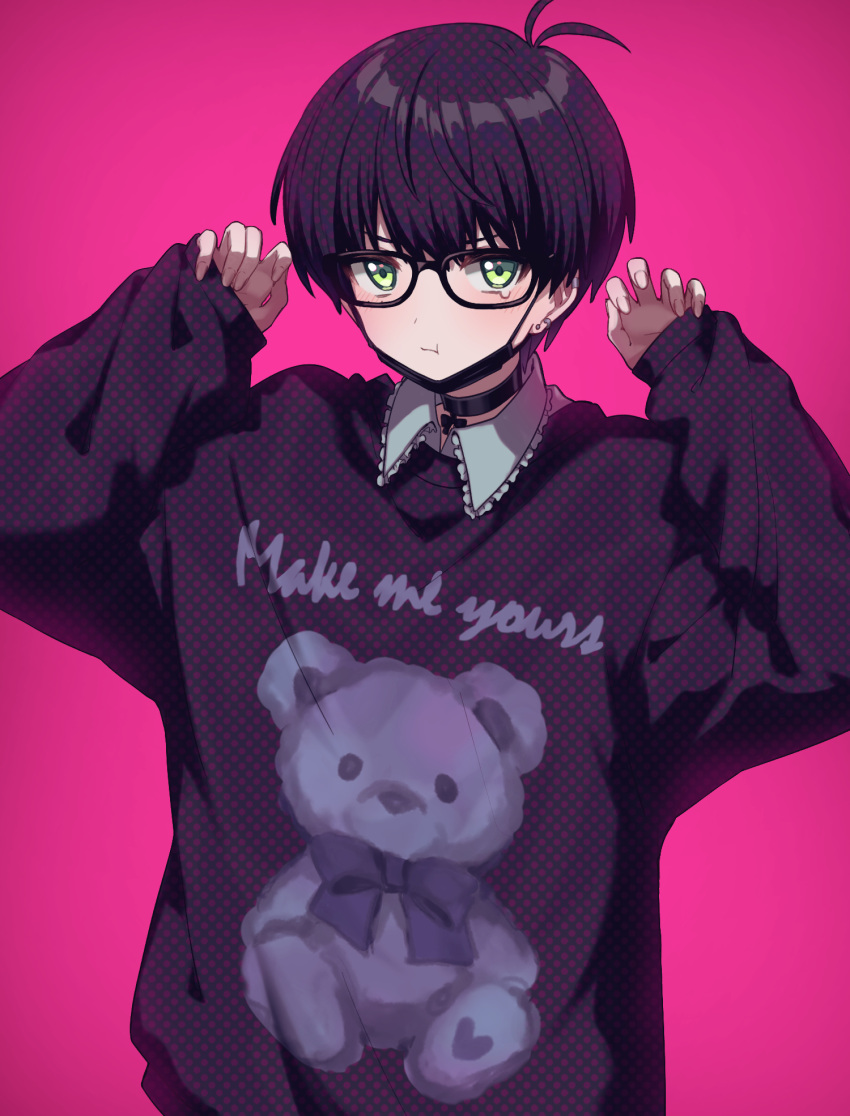 1boy antenna_hair black-framed_eyewear black_choker black_hair black_sweater blush choker closed_mouth collared_shirt ear_piercing english_text glasses green_eyes hands_up highres kotegiri_gou looking_at_viewer male_focus mask mochimiya_(coyo) mole mole_under_eye mouth_mask piercing pink_background shirt short_hair simple_background sleeves_past_wrists solo sweater tearing_up touken_ranbu upper_body white_shirt