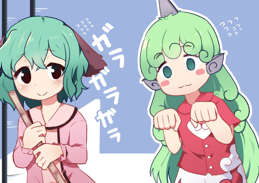 2girls :3 absurdres animal_ears bars blush blush_stickers broom brown_eyes closed_mouth commentary_request dog_ears dress green_eyes green_hair highres horns kanisawa_yuuki kariyushi_shirt kasodani_kyouko komano_aunn long_hair long_sleeves multiple_girls o_o outdoors pink_dress red_shirt shirt short_hair short_sleeves simple_background single_horn smile touhou