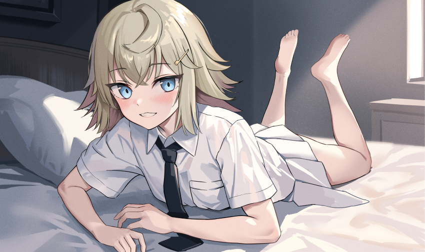 1girl absurdres arm_support barefoot bed black_necktie blonde_hair blue_eyes blush commentary commission crossed_bangs feet full_body girls'_frontline grin hair_between_eyes hair_ornament hairclip hhsan highres indoors legs light_rays long_hair looking_at_viewer lying mp41_(girls'_frontline) necktie on_bed on_stomach picture_frame pillow pixiv_commission shirt skirt smile soles solo the_pose toes white_shirt white_skirt