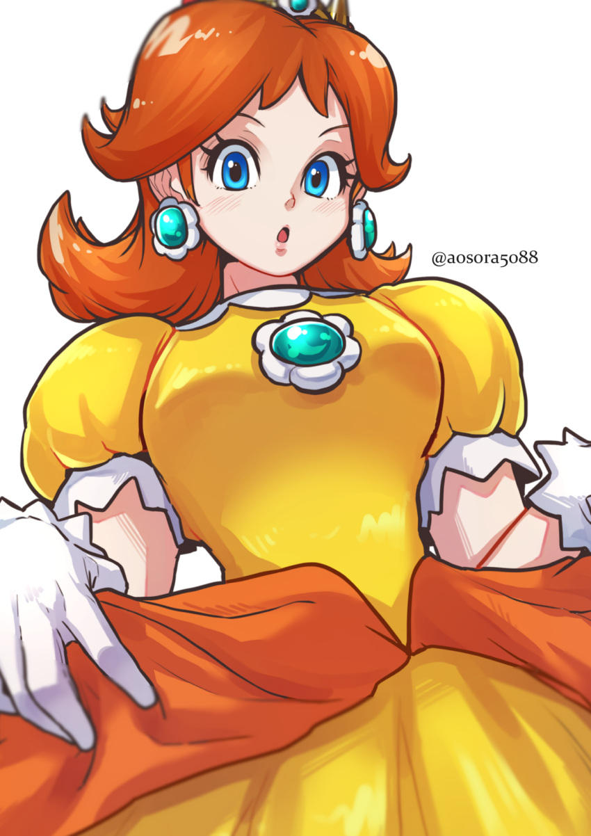 1girl aosora2823 artist_name blue_eyes breasts brown_hair clothes_lift crown dress dress_lift earrings flipped_hair flower_brooch flower_earrings frilled_gloves frills gloves highres jewelry light_blush mario_(series) medium_breasts medium_hair orange_dress parted_bangs princess princess_daisy puffy_short_sleeves puffy_sleeves short_sleeves solo white_gloves yellow_dress