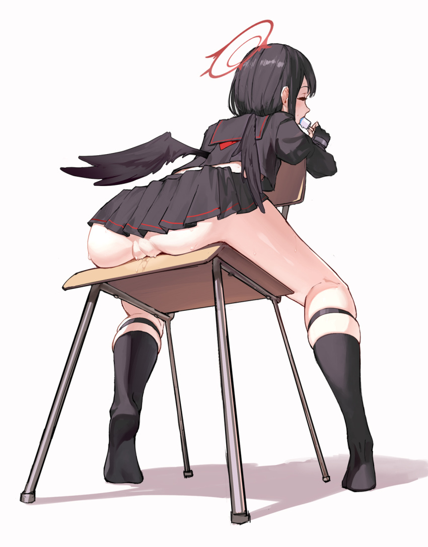 ass ass_focus black_gloves black_hair black_shirt black_skirt black_socks black_wings blue_archive cleft_of_venus closed_eyes crop_top feathered_wings fingerless_gloves food food_in_mouth from_below gloves halo highres kneepits mashiro_(blue_archive) mei_(user_6289649) no_panties no_shoes on_chair pleated_skirt popsicle popsicle_in_mouth pussy pussy_juice shirt short_hair simple_background sitting sitting_backwards skindentation skirt socks sweat thighs white_background wings