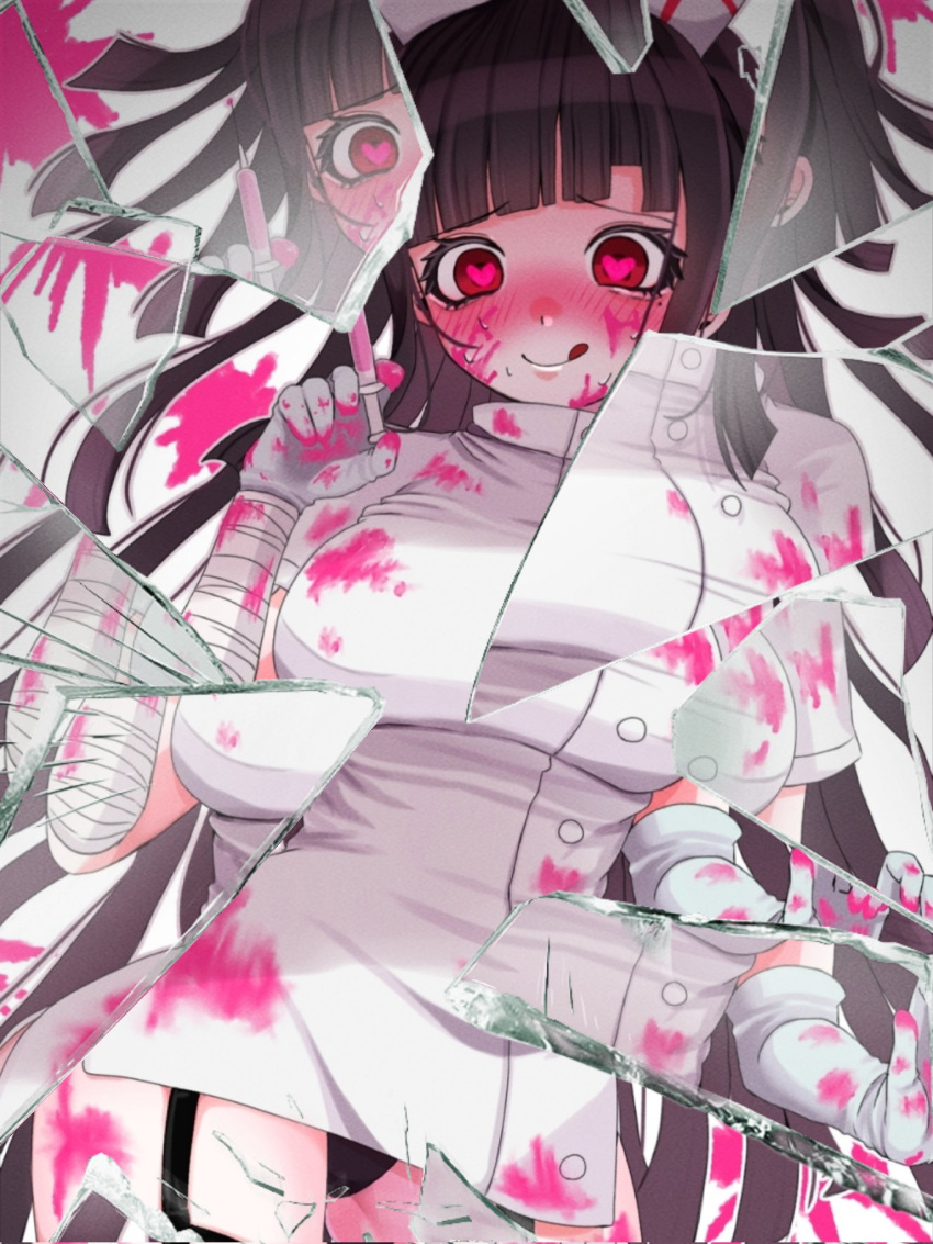 1girl :q app_filter asymmetrical_gloves bandaged_arm bandages black_hair black_panties black_thighhighs blood blush breasts broken_glass cowboy_shot danganronpa_(series) danganronpa_3_(anime) dress elbow_gloves garter_straps glass gloves hat heart heart-shaped_pupils highres holding holding_syringe large_breasts long_hair mozuku_(iiiiiiimomo) nurse_cap official_alternate_costume panties pink_blood red_eyes short_dress single_elbow_glove solo symbol-shaped_pupils syringe thighhighs tongue tongue_out tsumiki_mikan underwear white_background white_dress white_gloves