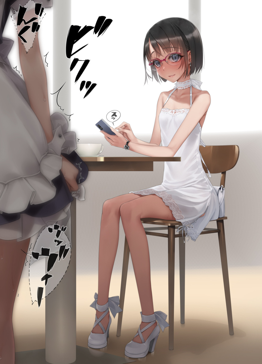 2girls black_hair blush cellphone dress earrings full_body glasses grey_eyes high_heels highres jewelry multiple_girls murakami_suigun original phone short_hair sitting skinny slit_pupils smile solo solo_focus watch white_dress white_footwear wristwatch