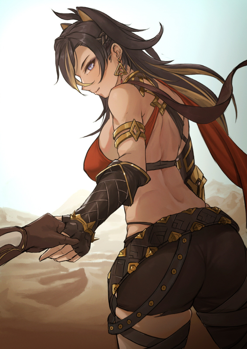 1girl animal_ears ass bad_source bare_shoulders belt black_belt black_hair breasts brown_hair brown_pants check_copyright copyright_request dehya_(genshin_impact) desert earrings fake_animal_ears fingerless_gloves firolian from_behind genshin_impact gloves highres holding_hands jewelry large_breasts long_hair multicolored_hair outdoors pants smile solo_focus torn_clothes torn_pants triangle_earrings