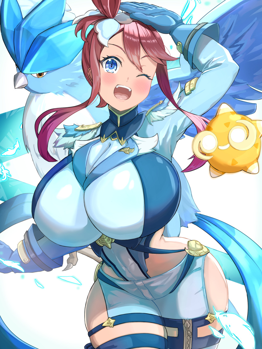 1girl absurdres alternate_costume articuno blue_eyes blue_gloves blush breasts gloves highres hizakake huge_breasts long_hair looking_at_viewer minior one_eye_closed open_mouth pokemon pokemon_(creature) pokemon_(game) pokemon_bw red_hair skyla_(pokemon) teeth upper_teeth_only