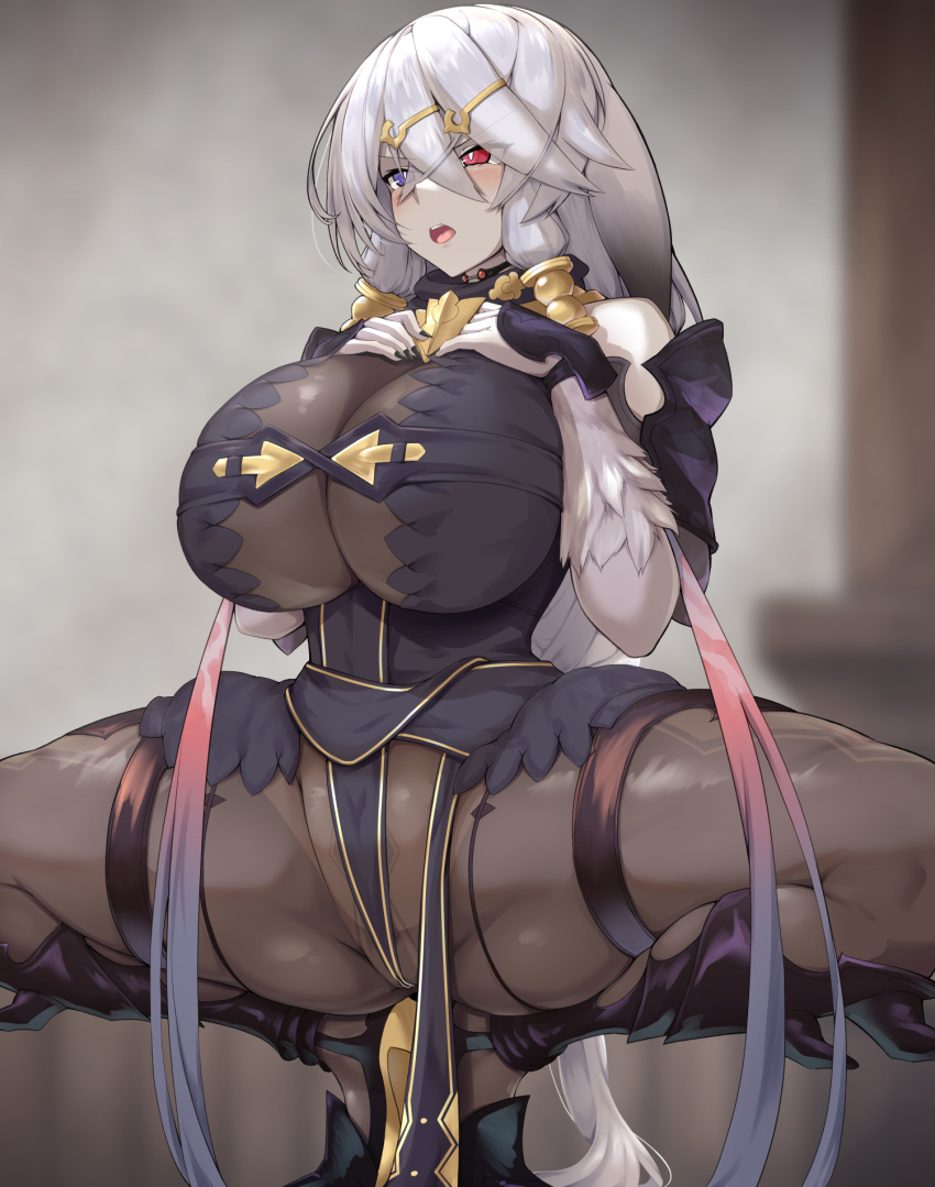 1girl atelier_(series) atelier_ryza atelier_ryza_1 black_bodysuit black_footwear black_nails blue_eyes blue_hair blush bodysuit breast_suppress breasts bright_pupils cleavage colored_skin crossed_bangs fingernails full_body gradient_hair grey_background grey_hair hair_ornament heterochromia highres huge_breasts impossible_bodysuit impossible_clothes lila_decyrus long_hair looking_to_the_side multicolored_hair open_mouth pink_hair red_eyes reta_su_gohan shiny_clothes shoes skin_tight solo spread_legs squatting thighlet very_long_hair white_skin wide_spread_legs