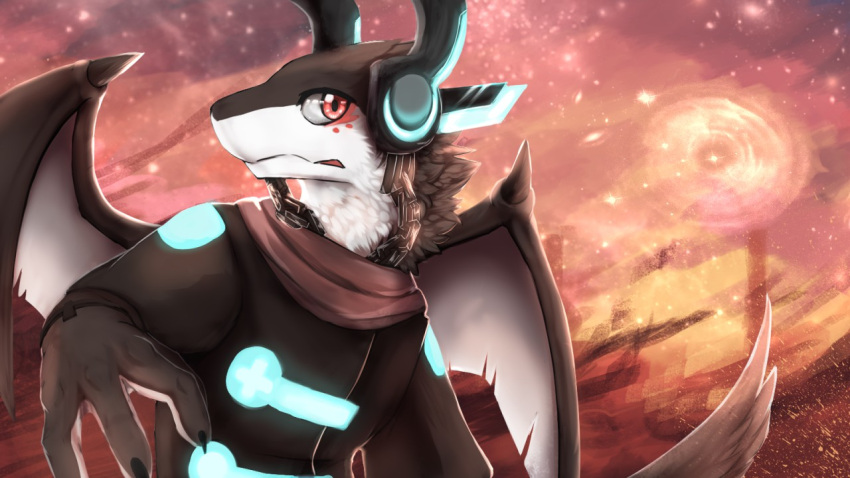 16:9 anthro brown_body brown_fur bust_portrait clothed clothing front_view fur glistening glistening_eyes gradient_wings grey_wings kuttoyaki male membrane_(anatomy) membranous_wings neck_tuft portrait red_eyes solo tuft white_body white_fur white_wings widescreen wings