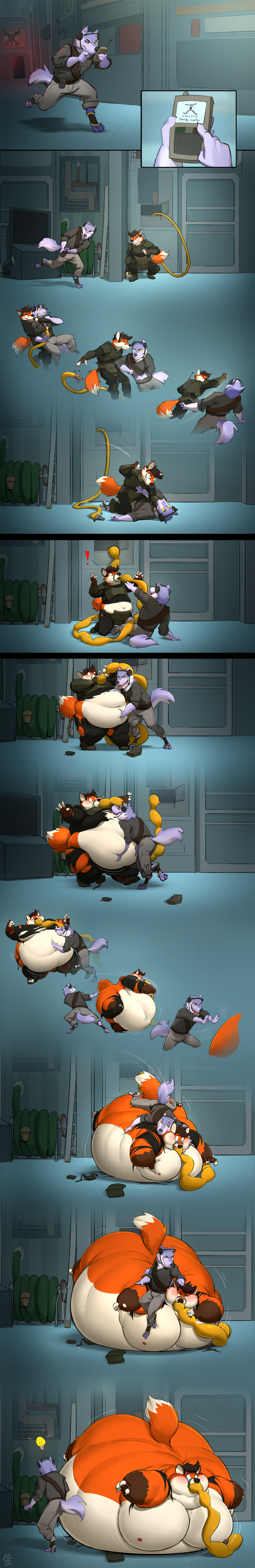2019 absurd_res abthegreat ambiguous_gender anthro canid canine canis cupricfox digital_media_(artwork) duo fight force_feeding forced fox hi_res hose_in_mouth hose_inflation inflation long_image mammal morbidly_obese morbidly_obese_anthro obese obese_anthro overweight overweight_anthro sequence surprise tall_image weight_gain wolf