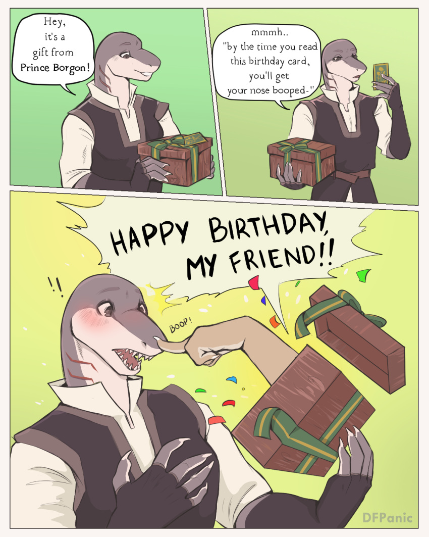 anthro athletic athletic_male birthday birthday_gift blush boop box comic container docfurpanic dragon duo english_text fish gills hi_res humor magic male marine medieval medieval_clothing muscular muscular_male prince prince_borgon royalty shark shey_(fayinga) speech_bubble story story_in_description surprise surprised_expression text