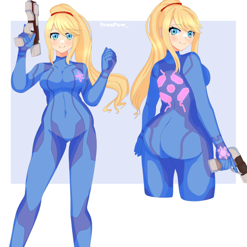 1girl absurdres ass blonde_hair blue_bodysuit blue_eyes bodysuit breasts commentary english_commentary full_body gun highres holding holding_gun holding_weapon ivanpaw large_breasts long_hair looking_at_viewer looking_back metroid paralyzer ponytail samus_aran sideboob skin_tight smile solo twitter_username weapon zero_suit