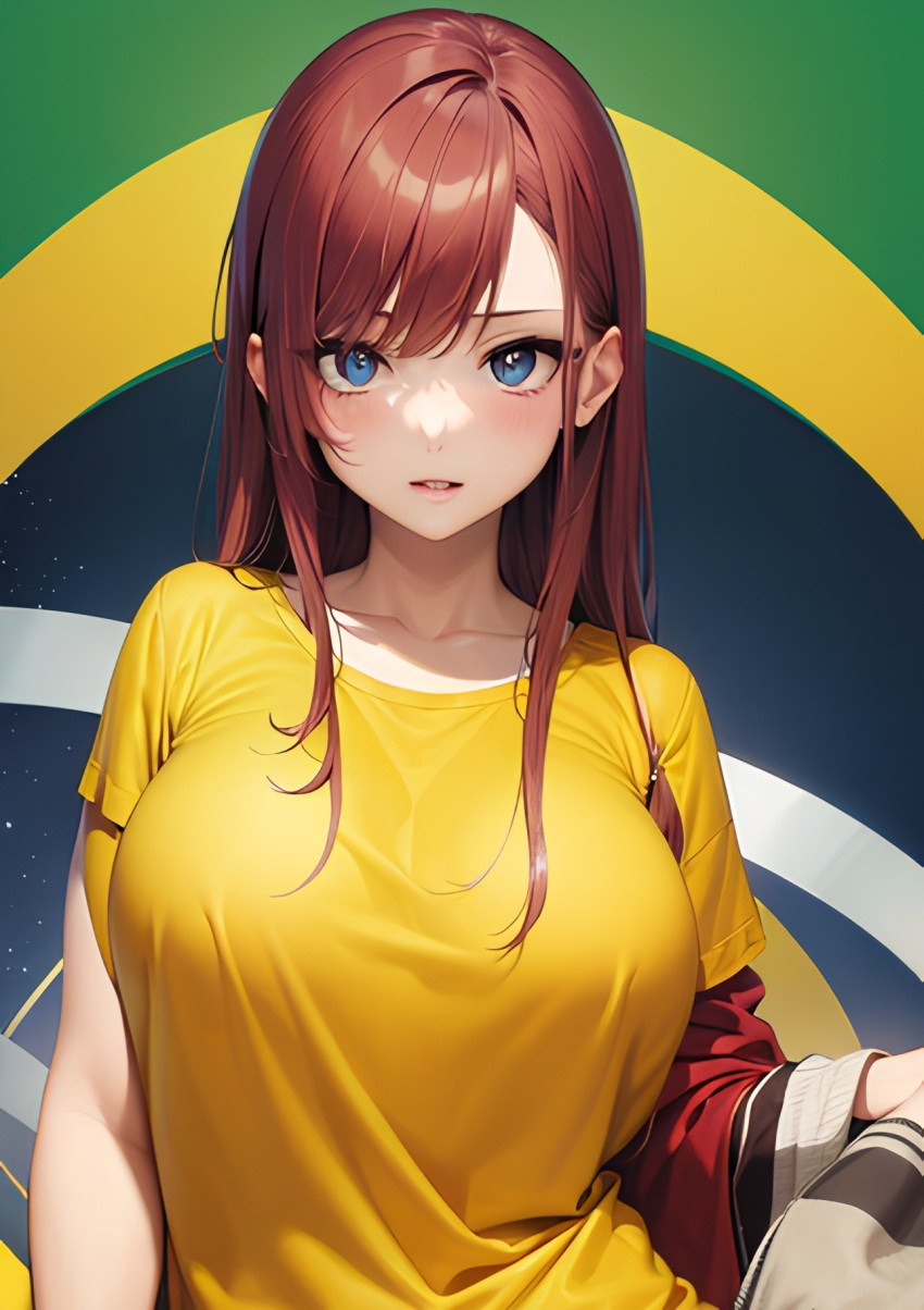 1girl ai-generated blue_eyes blush breasts erza_scarlet fairy_tail highres large_breasts looking_at_viewer non-web_source red_hair shirt yellow_shirt