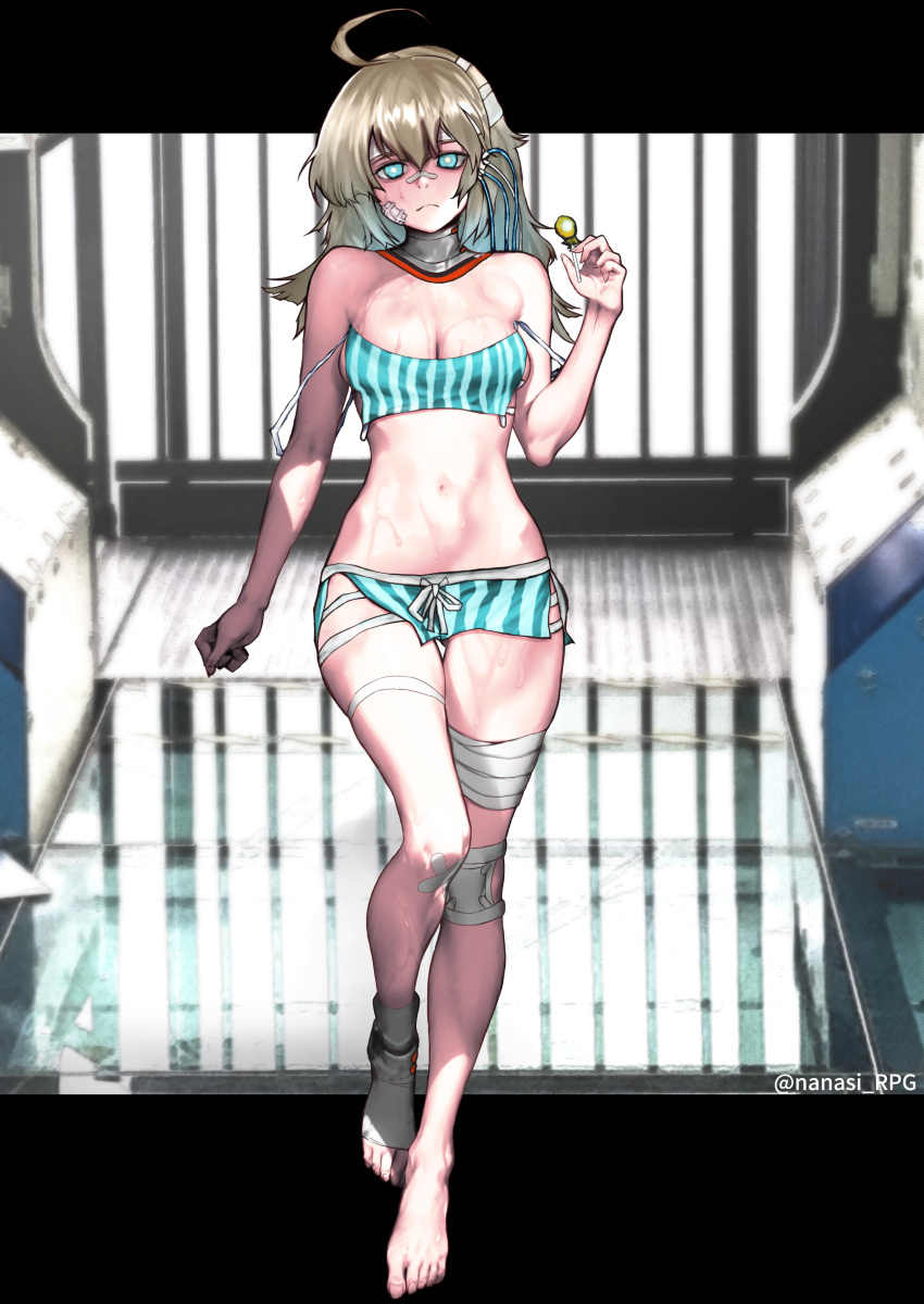 1girl aa-12_(girls'_frontline) absurdres ahoge bandage_on_face bandaged_leg bandages bandaid bandaid_on_face bandaid_on_nose bare_shoulders blue_eyes breasts cable candy cleavage commentary_request crop_top food frown full_body girls'_frontline girls'_frontline_neural_cloud highres holding holding_candy holding_food holding_lollipop light_brown_hair lind_(girls'_frontline_nc) lollipop long_hair looking_at_viewer medium_breasts meimushi midriff navel solo stomach straight-on twitter_username wet