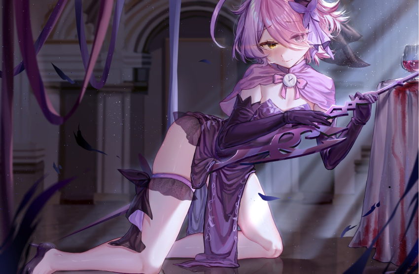 1girl alcohol benghuai_xueyuan cape cup curtains dress drinking_glass garter_straps heterochromia high_heels honkai_(series) honkai_impact_3rd kneeling multicolored_hair pink_cape pink_hair purple_dress purple_eyes purple_footwear purple_hair short_hair sin_mal sin_mal0909 stain thighs two-tone_hair wine wine_glass yellow_eyes